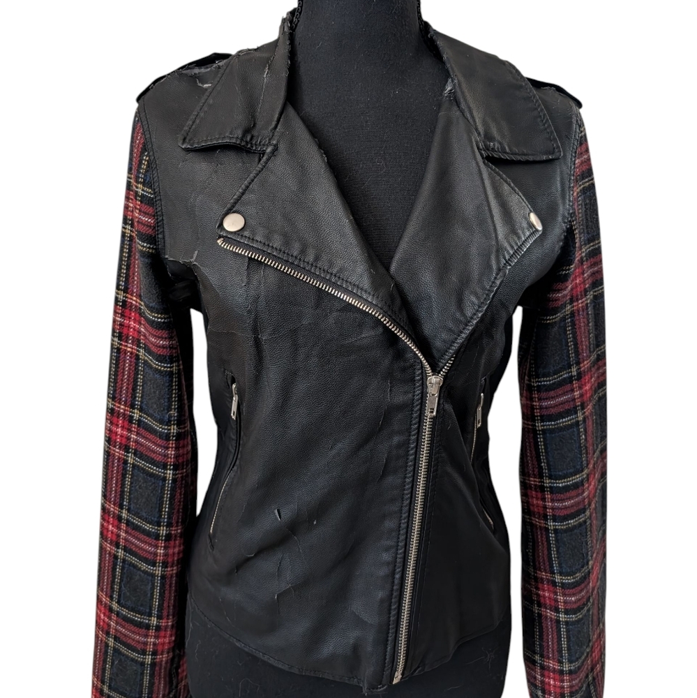 FREE! Faux Leather Jacket With Plaid Sleeves - Picture 2 of 10